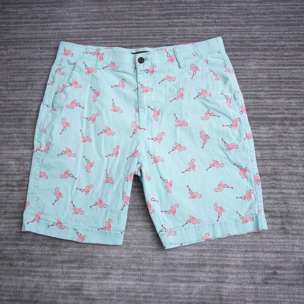 Plugg Flex Mens Flamingo Print Shorts Mint Green Pink Size 36 Tropical Summer